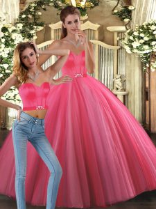 Coral Red Lace Up Sweetheart Beading 15 Quinceanera Dress Tulle Sleeveless