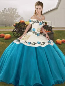Exceptional Blue And White Sleeveless Organza Lace Up 15th Birthday Dress for Military Ball and Sweet 16 and Quinceanera