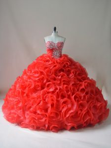 Sleeveless Fabric With Rolling Flowers Court Train Lace Up Quinceanera Gowns in Red with Beading and Ruffles