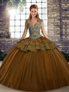 Brown Ball Gowns Tulle Straps Sleeveless Beading and Appliques Floor Length Lace Up Quinceanera Dresses