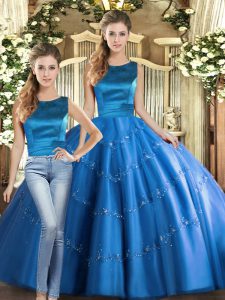 Blue Two Pieces Appliques Quinceanera Gown Lace Up Tulle Sleeveless Floor Length
