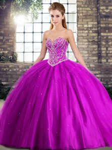 Purple 15 Quinceanera Dress Military Ball and Sweet 16 and Quinceanera with Beading Sweetheart Sleeveless Brush Train Lace Up