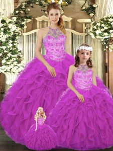 Sleeveless Floor Length Beading and Ruffles Lace Up Quinceanera Dress with Fuchsia