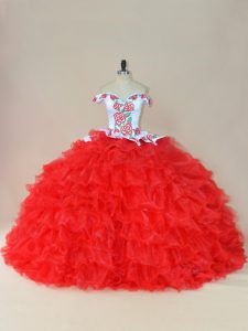 White And Red Ball Gowns Off The Shoulder Sleeveless Organza Brush Train Lace Up Embroidery and Ruffles Sweet 16 Dress