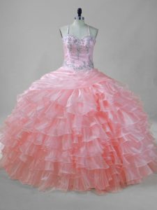 Comfortable Pink Sleeveless Organza Lace Up Sweet 16 Dress for Sweet 16 and Quinceanera