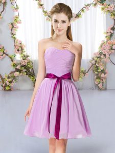 Lavender Lace Up Vestidos de Damas Belt Sleeveless Mini Length