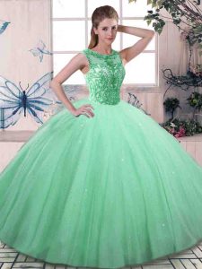 Fantastic Apple Green Quince Ball Gowns Military Ball and Sweet 16 and Quinceanera with Beading Scoop Sleeveless Lace Up