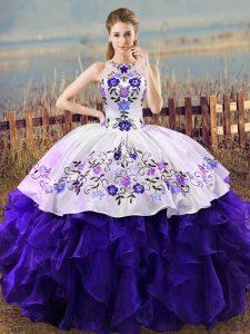 Beauteous Ball Gowns Sweet 16 Dresses White And Purple Halter Top Organza Sleeveless Floor Length Lace Up