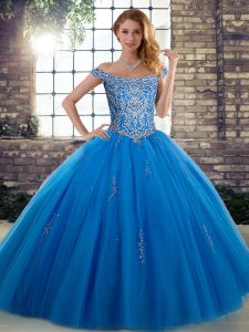 Floor Length Blue Quinceanera Gowns Off The Shoulder Sleeveless Lace Up