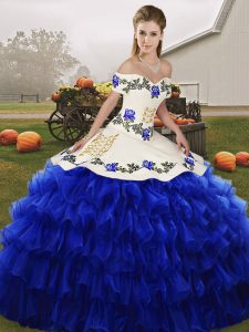 Sleeveless Floor Length Embroidery and Ruffled Layers Lace Up 15th Birthday Dress with Royal Blue