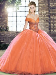 Flare Orange Red Ball Gowns Beading Ball Gown Prom Dress Lace Up Organza Sleeveless