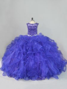 Superior Blue Ball Gowns Scoop Sleeveless Organza Floor Length Lace Up Beading and Ruffles 15 Quinceanera Dress