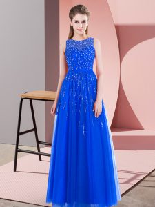 Simple Blue Scoop Neckline Beading Evening Dresses Sleeveless Side Zipper