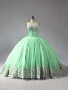 Smart Court Train Ball Gowns Ball Gown Prom Dress Apple Green Sweetheart Tulle Sleeveless Lace Up
