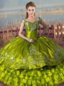 Flare Olive Green Ball Gowns Satin and Organza Off The Shoulder Sleeveless Embroidery and Ruffled Layers Floor Length Lace Up Sweet 16 Dress