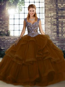Tulle Straps Sleeveless Lace Up Beading and Ruffles Quinceanera Gown in Brown