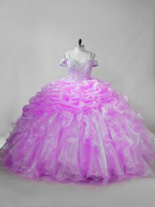 Lilac Sleeveless Beading and Ruffles and Pick Ups Lace Up Quinceanera Dresses