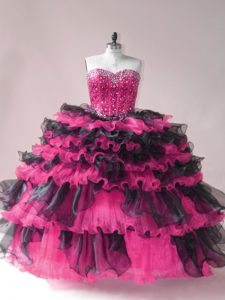Sleeveless Beading and Ruffled Layers Lace Up Quinceanera Dress with Pink And Black
