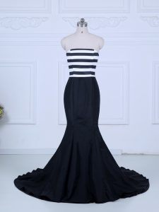 Attractive Strapless Sleeveless Prom Evening Gown Brush Train Ruching White And Black Satin