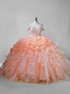 Fantastic Straps Sleeveless Sweet 16 Quinceanera Dress Brush Train Beading and Ruffles and Pick Ups Orange Organza