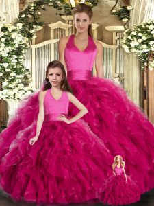 Sleeveless Floor Length Ruffles Lace Up 15th Birthday Dress with Fuchsia