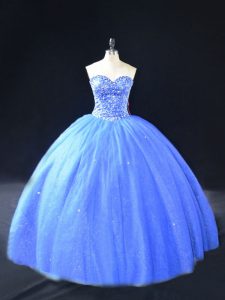 Exquisite Ball Gowns Vestidos de Quinceanera Blue Sweetheart Tulle Sleeveless Floor Length Lace Up