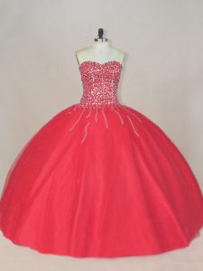 Floor Length Coral Red Quinceanera Gowns Sweetheart Sleeveless Lace Up