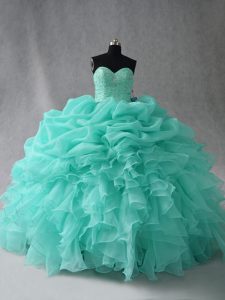 Floor Length Lace Up Ball Gown Prom Dress Aqua Blue for Sweet 16 and Quinceanera with Beading and Ruffles and Pick Ups