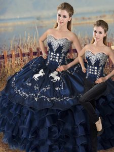 Beauteous Navy Blue Satin and Organza Lace Up Sweetheart Sleeveless Floor Length Ball Gown Prom Dress Embroidery and Ruffles
