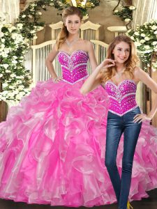 Superior Organza Sweetheart Sleeveless Lace Up Beading and Ruffles Vestidos de Quinceanera in Rose Pink