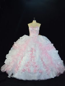 Sleeveless Organza Floor Length Lace Up Quinceanera Dresses in Pink And White with Beading and Pick Ups