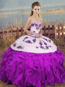 White And Purple Ball Gowns Organza Sweetheart Sleeveless Embroidery and Ruffles and Bowknot Floor Length Lace Up Quinceanera Dresses