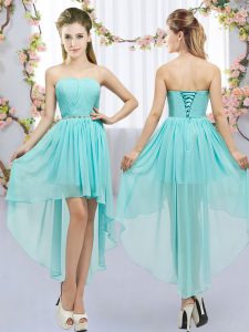 Fashion Aqua Blue Chiffon Lace Up Vestidos de Damas Sleeveless High Low Beading