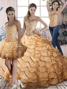 Gold Sleeveless Organza Brush Train Lace Up Quinceanera Gowns for Sweet 16 and Quinceanera