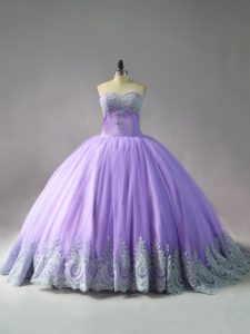 Attractive Lavender Sleeveless Tulle Court Train Lace Up Vestidos de Quinceanera for Sweet 16 and Quinceanera