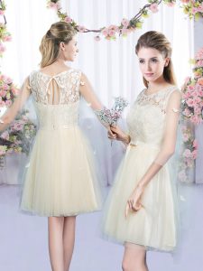 Artistic Mini Length Lace Up Quinceanera Court of Honor Dress Champagne for Wedding Party with Lace and Bowknot
