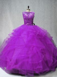 Purple Sleeveless Tulle Brush Train Lace Up Quinceanera Gowns for Sweet 16 and Quinceanera