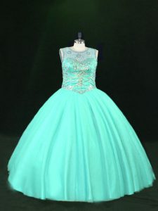Sleeveless Tulle Floor Length Lace Up Quinceanera Dresses in Turquoise with Beading