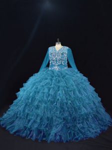 Luxurious Teal Quinceanera Gown Sweet 16 and Quinceanera with Beading and Ruffled Layers V-neck Long Sleeves Lace Up