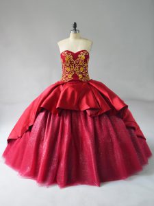 Pretty Wine Red Lace Up Sweetheart Beading and Embroidery Sweet 16 Dress Satin and Tulle Sleeveless Court Train