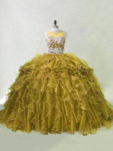 Custom Designed Olive Green Scoop Zipper Beading and Ruffles Quinceanera Dresses Brush Train Sleeveless