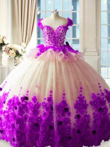 Sleeveless Hand Made Flower Zipper Sweet 16 Dress with White And Purple Brush Train