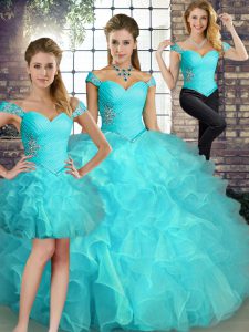 Organza Off The Shoulder Sleeveless Lace Up Beading and Ruffles Ball Gown Prom Dress in Aqua Blue
