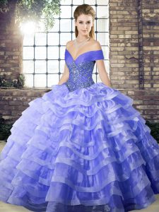 Pretty Lavender Ball Gowns Organza Off The Shoulder Sleeveless Beading and Ruffled Layers Lace Up Sweet 16 Dresses Brush Train