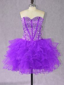 Glittering Organza Sweetheart Sleeveless Lace Up Beading and Ruffles Evening Dress in Purple