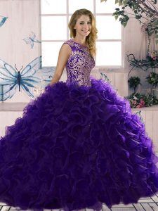 Comfortable Purple Ball Gowns Organza Scoop Sleeveless Beading and Ruffles Floor Length Lace Up Quinceanera Dresses