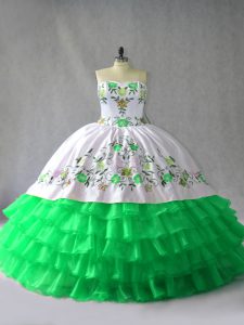 Green Lace Up Sweetheart Embroidery and Ruffled Layers Quince Ball Gowns Organza Sleeveless