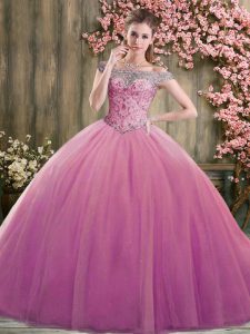 Lilac Tulle Lace Up Off The Shoulder Sleeveless Floor Length Quinceanera Gown Beading