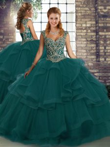 Designer Peacock Green Straps Lace Up Beading and Ruffles Quince Ball Gowns Sleeveless