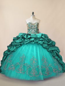 Lace Up Sweet 16 Dresses Turquoise for Sweet 16 and Quinceanera with Beading and Pick Ups Brush Train